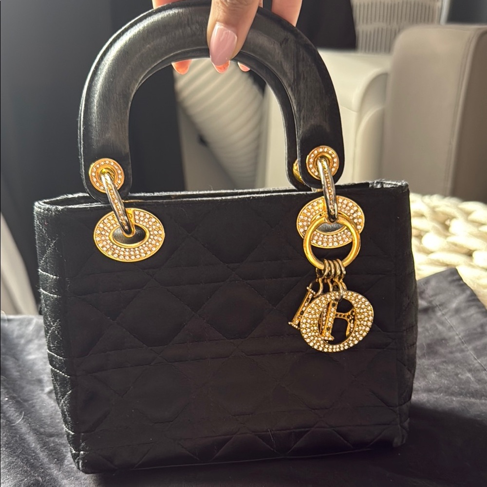 Silk Mini Vintage Lady Dior Quilted Handbag with Gold Accents and crystals